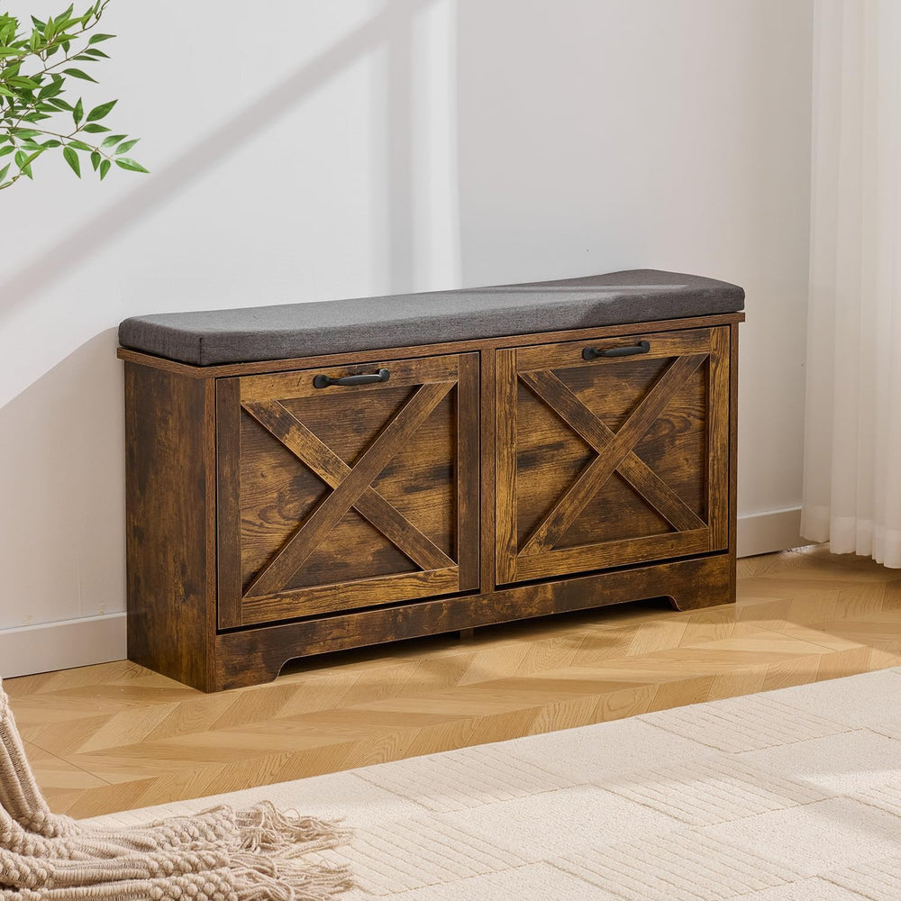 Brown Shoe Storage Bench with 2 Flip Drawers, Entryway Bench with Removable S...