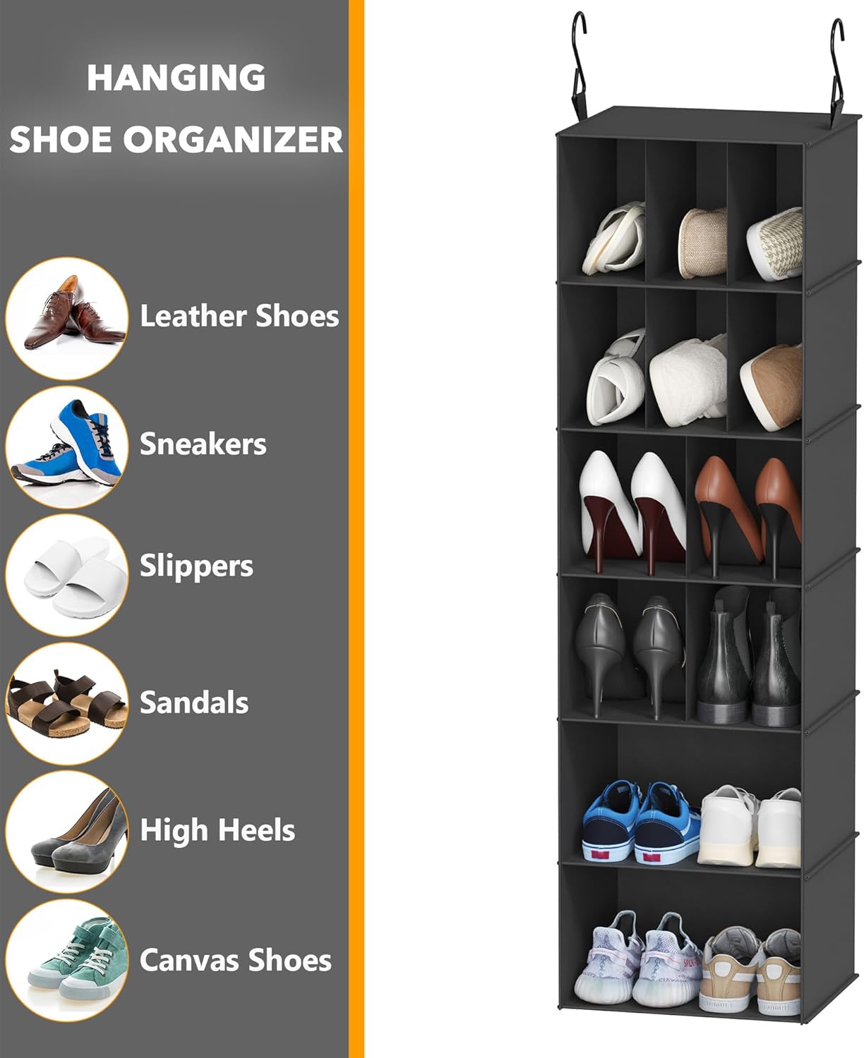 SpaceAid 2 Pack Hanging Closet Organizer and Storage with Dividers, 24 Compartments Hanging Shoe Shelves for Closet, Wardrobe, RV, Garment Rack - Black