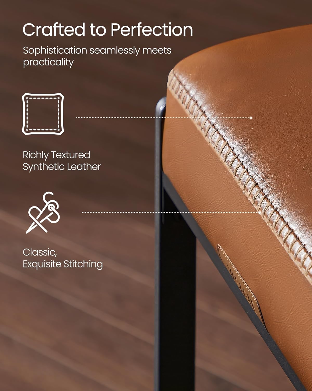 VASAGLE EKHO Collection - Bar Stools Set of 3, Counter Height Bar Stools, Synthetic Leather with Stitching, Mid-Century Modern Counter Stools, 26-Inch Tall, Kichen Home Bar Dining Room, Caramel Brown