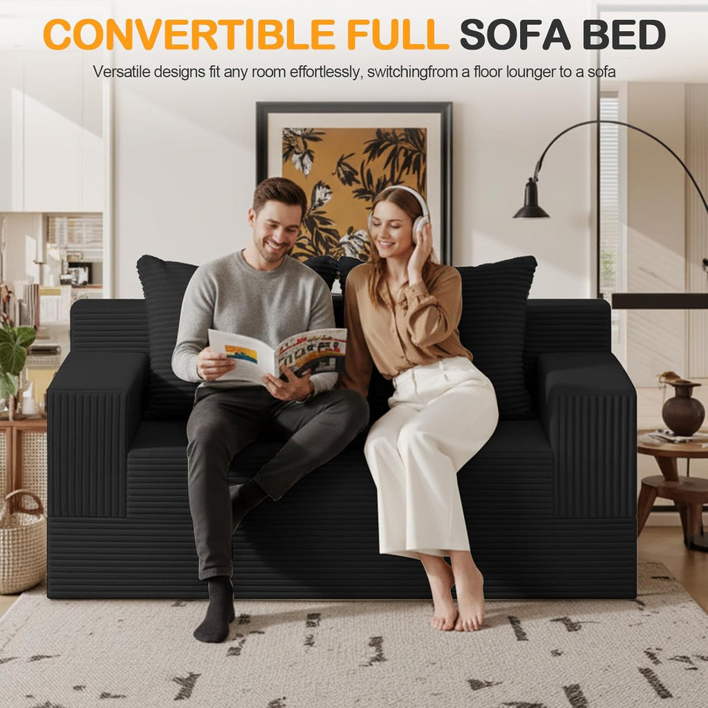 Erament Loveseat Boneless Convertible Sofa Bed, Folding Floor Futon Sleeper Sofa Couch Bed- Boneless Foldable Couch, Corduroy Pull Out Sofa Bed with 2 Pillows for Living Room & Bedroom