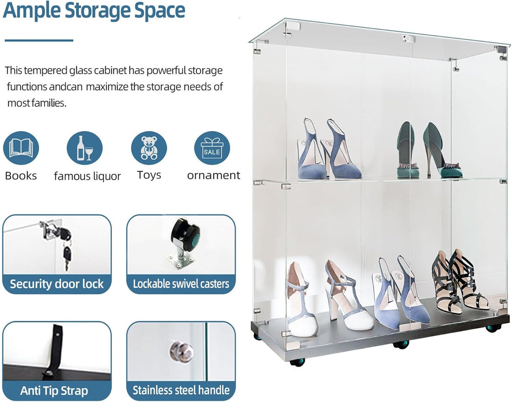 2-Tier Glass Display Cabinet with Bluetooth LED Light Strip, 2-Door Floor Sta...