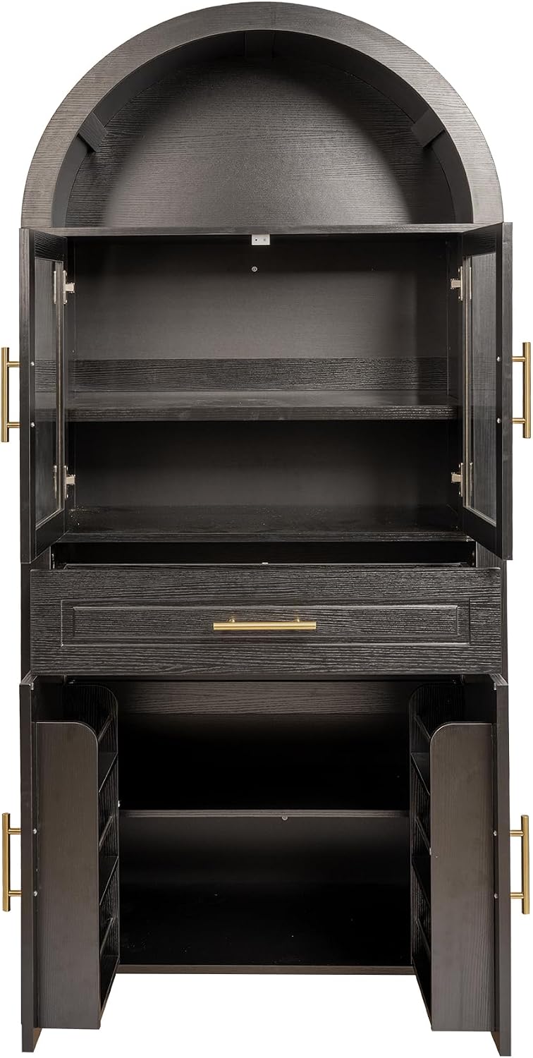 Farmhouse Tall Arched Kitchen Pantry Cabinet with Glass Barn Door – Adjustabl...