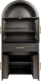 Farmhouse Tall Arched Kitchen Pantry Cabinet with Glass Barn Door – Adjustable Shelves & Built-in Racks for Dining Room & Living Room Storage (Black)