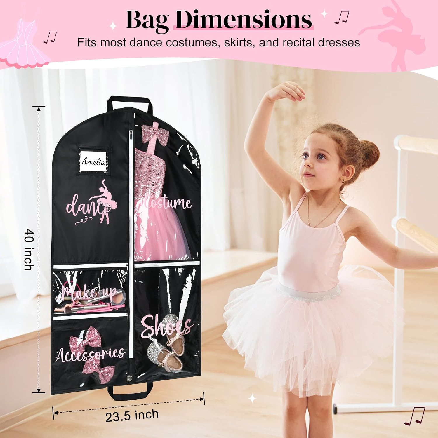 DEEKA Dance Garment Bag for Hanging Clothes with Zipper Pockets Dance Accessories Essentials Uniform Costume 40 Inch Dress Bags for Dance Competition Girls (Black,Pink-Dance)