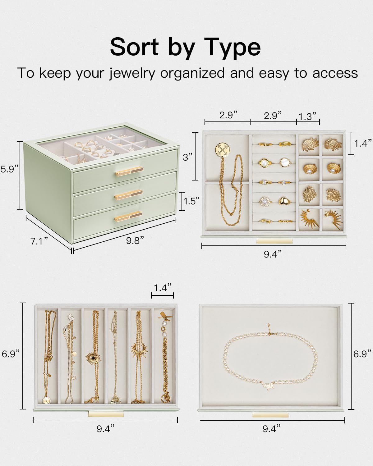 VLANDO Jewelry Box for Women, Glass Lid Jewelry Organizer with 3 Drawers for Necklaces Rings Earrings Bracelets - Sage Green