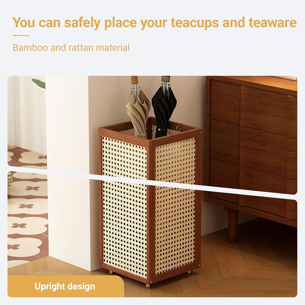 Large Capacity Bamboo and rattan weaving Umbrella Holder Commercial Umbrella Stand Racks with Removable Drip Tray for Home Corridor Entrance(Brown)