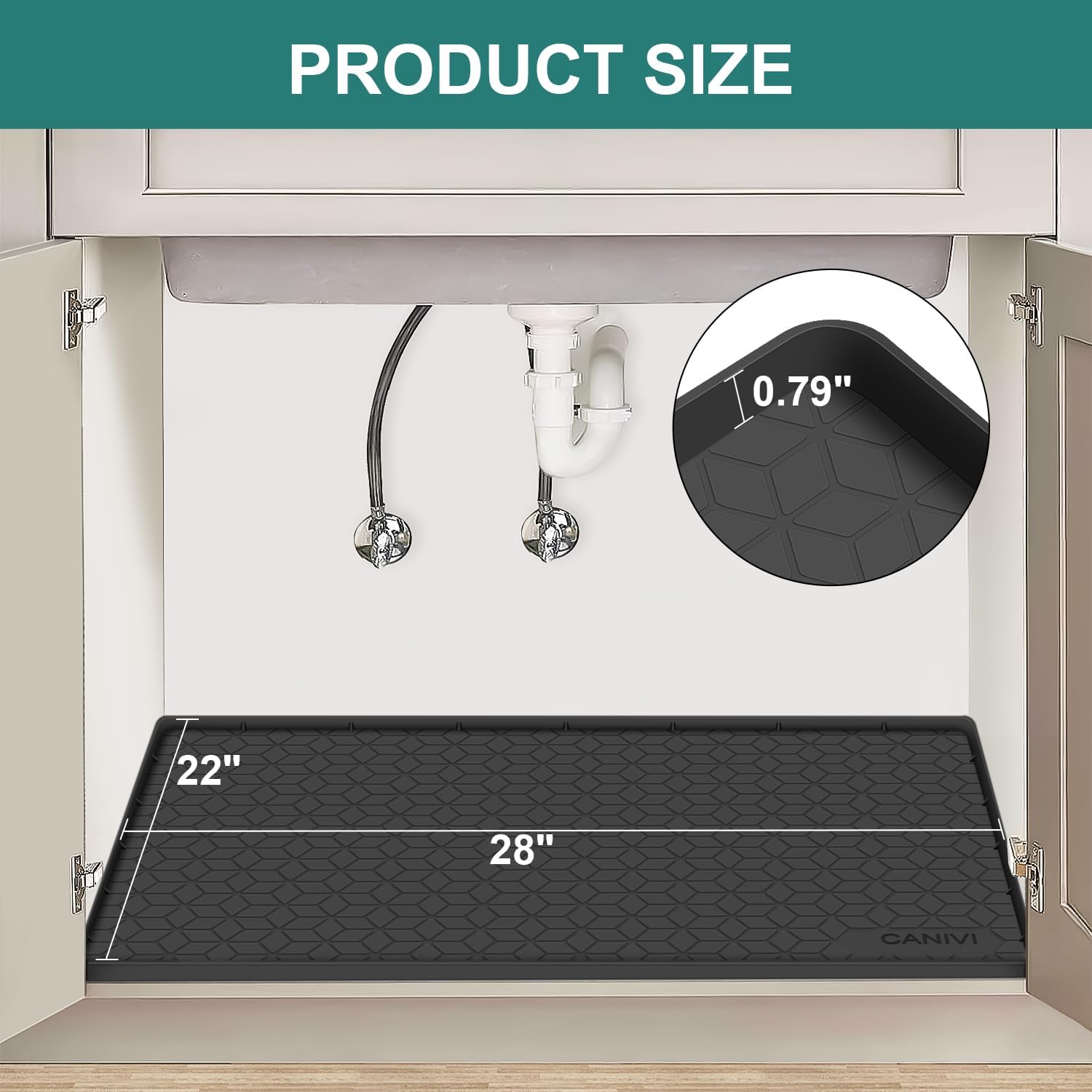 Under Sink Mat, 28" x 22" Waterproof Silicone Under Sink Tray for Kitchen & Laundry Cabinets, Kitchen Cabinet Shelf Protector, Up to 3 Gallons Liquid, Fits 36 inch Standard Cabinet (Black)