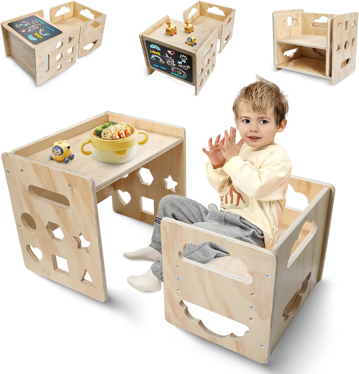 Montessori Table and Chair Set, Toddler Table and Chair Set, for 1-3 Kids | Wooden, Adjustable Chair, with Blackboard, Kids Table and Chairs Furniture, for Eating, Drawing, Reading, Play
