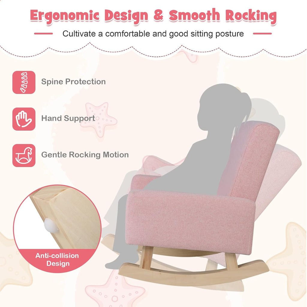 Toddler Rocking Chair, Kids Sofa Chair with Solid Wooden Frame and Linen Fabric, Kids Rocking Chair for Nursery, Living Room, Bedroom, Playroom, Age 3-5 Years, Pink/Blue
