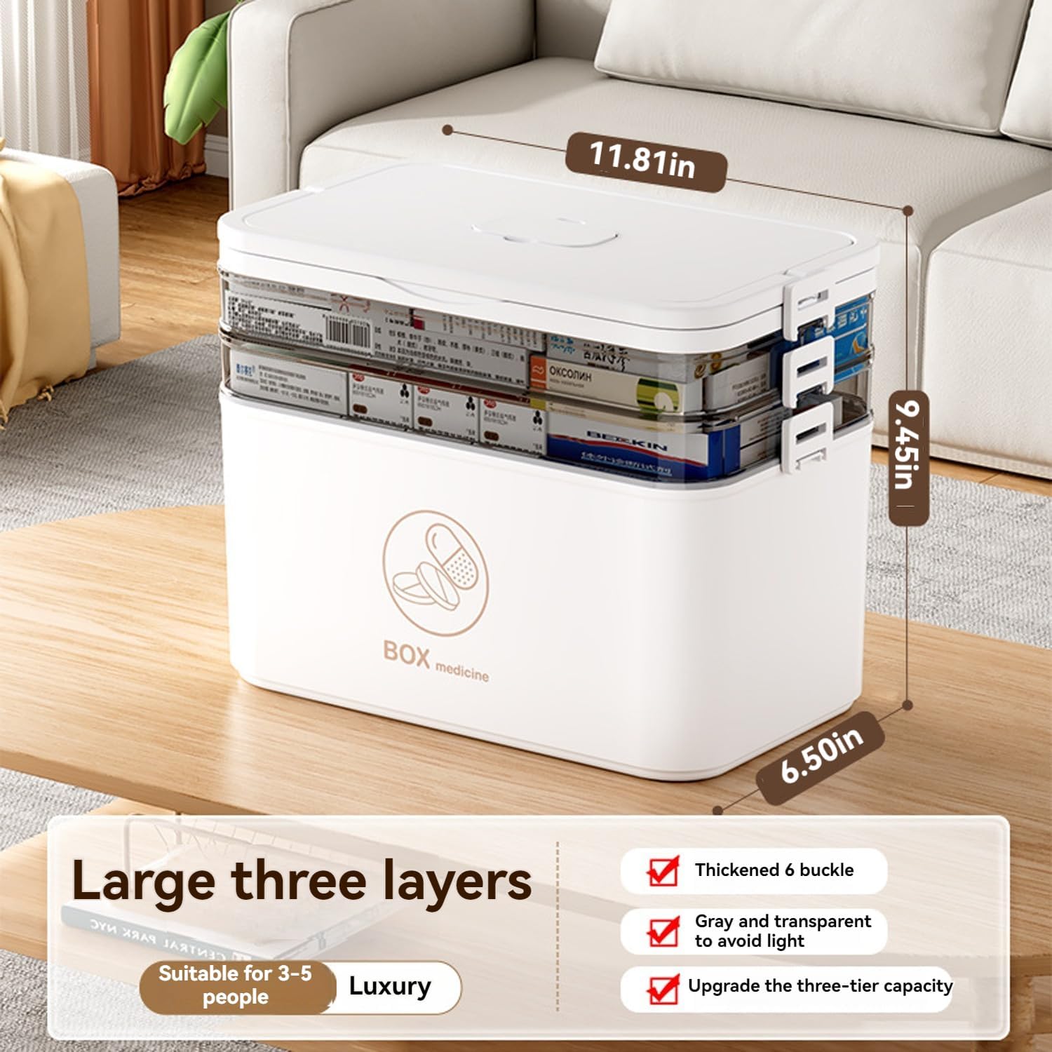 3-Tier Medicine Storage Box, Medicine Cabinet with Detachable Small Pill Box, Portable First Aid Kit Container, Multipurpose Plastic Organizer with Handle for Home, Travel, Family Emergencies