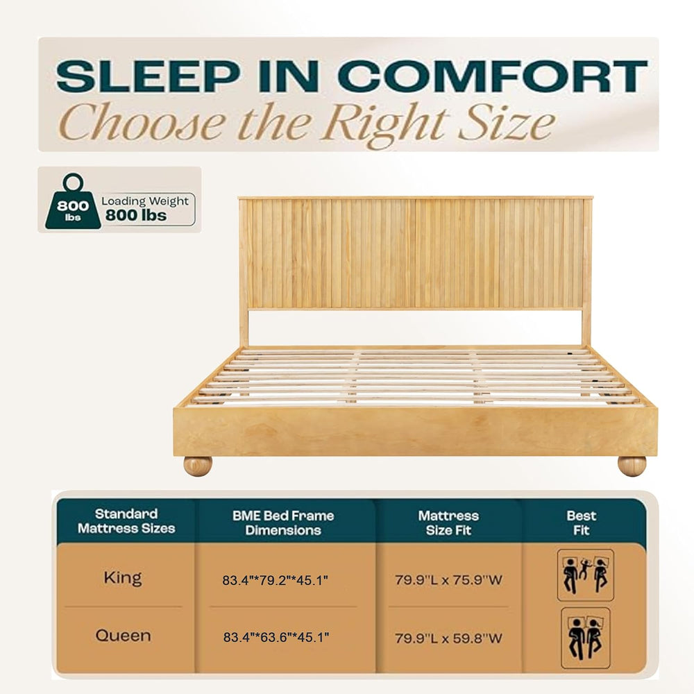 Merax King Size Bed Frame with Reeded Headboard, Natural Wood Platform Bed Fr...