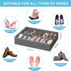2 Pack Under Bed Shoe Storage Organizer for Closet, Fits Total 32 Pairs Foldable Underbed Shoes Containers Boxes Under the Bed Storage with Sturdy Handles&Clear Window for College Dorms, Light Grey