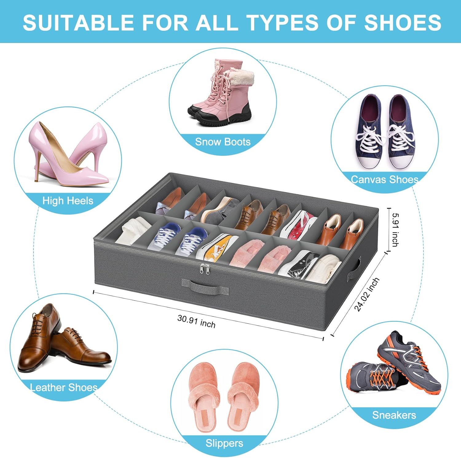 2 Pack Under Bed Shoe Storage Organizer for Closet, Fits Total 32 Pairs Foldable Underbed Shoes Containers Boxes Under the Bed Storage with Sturdy Handles&Clear Window for College Dorms, Light Grey