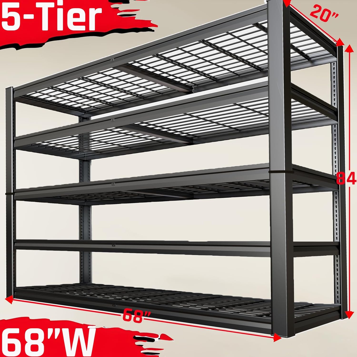 68" Wide Heavy Duty Garage Shelving Units, 5-Tier Deep Storage Shelves,Black Metal Garage Shelves,Steel Shelf,Large Storage Rack,Industrial Shelving for Shop, 68" W x 20" D x 84" H,2 Pack