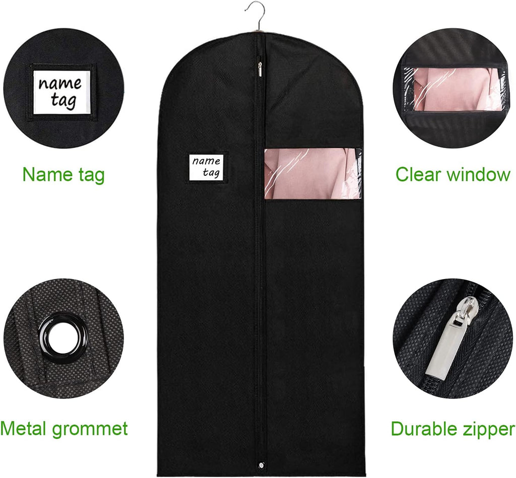 KEEGH Garment Bags for Hanging Clothes 60" (Set of 6) Dress Bags for Gowns Long Dress Bags for Closet Storage with Zipper and Eye-Hole for Folding for Suit Coats Dresses, Black | Transparent Window, Full Zipper, Label Pocket, Eye-Hole for Folding, Dress