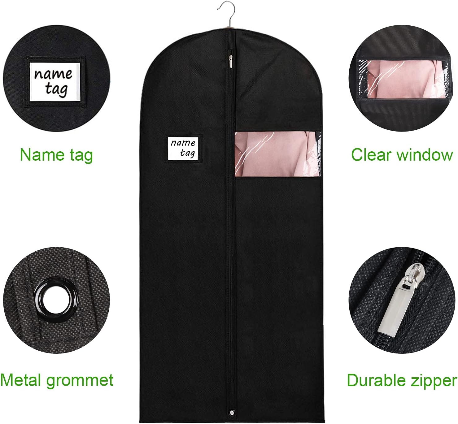 KEEGH Garment Bags for Hanging Clothes 60" (Set of 6) Dress Bags for Gowns Long Dress Bags for Closet Storage with Zipper and Eye-Hole for Folding for Suit Coats Dresses, Black | Transparent Window, Full Zipper, Label Pocket, Eye-Hole for Folding, Dress