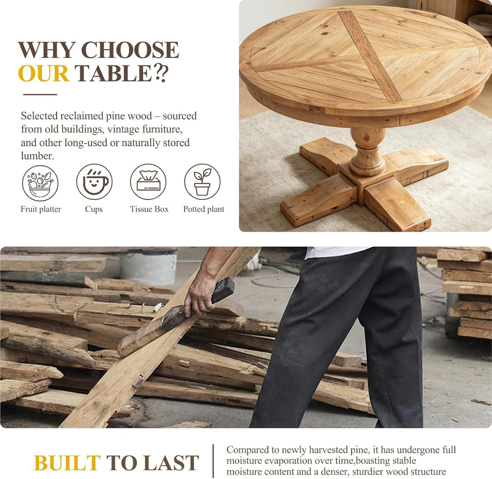 47" Round Dining Table with Wooden Pedestal Base, Reclaimed Pine Wood Di...