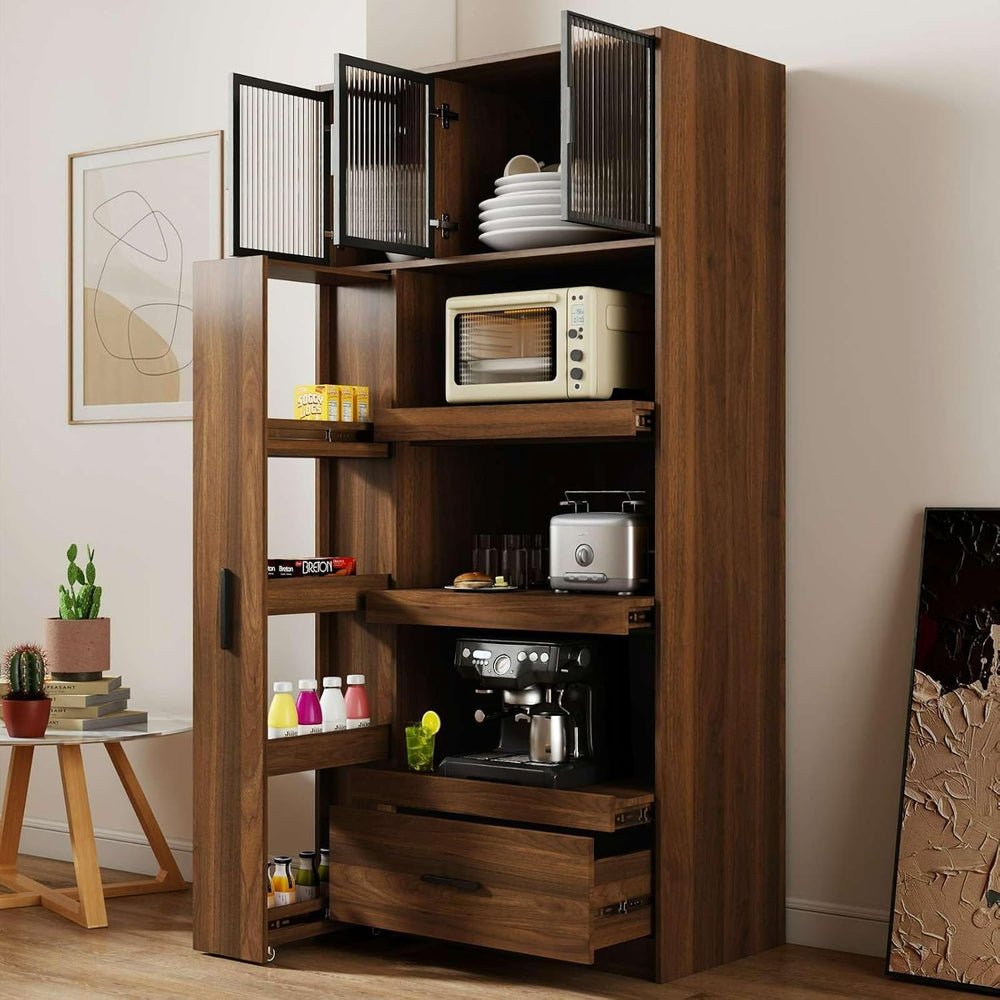70.87" Kitchen Pantry Cabinet with Multi-Functional Pull-Out Storage She...