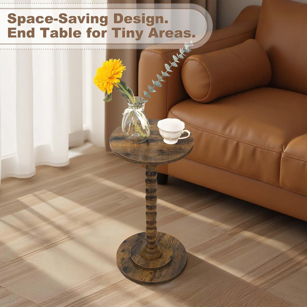 Round Side Table, Small End/Drink Table for Small Spaces, Modern Accent Tables with Solid Wood Leg for Bedroom, Living Room, Corners and Office (Rustic Brown)