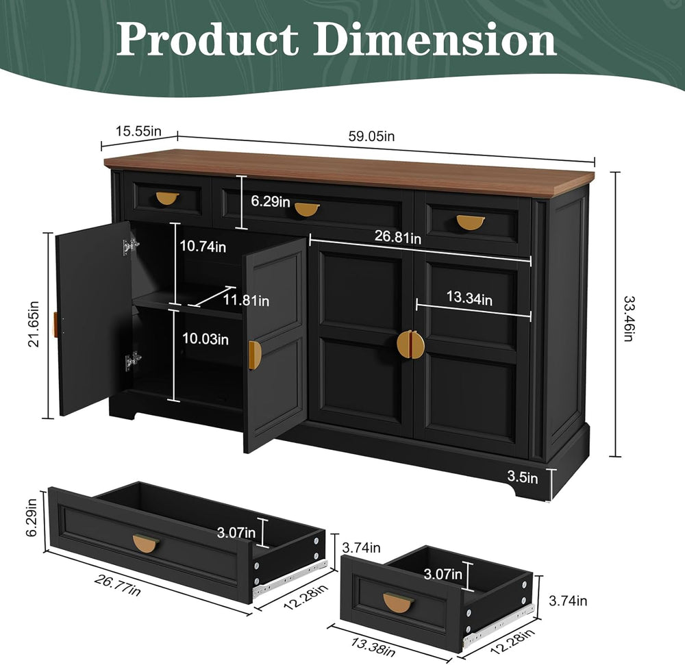 HLR 60” Large Buffet Sideboard Cabinet with 4 Doors and 3 Drawers Shaker Styl...