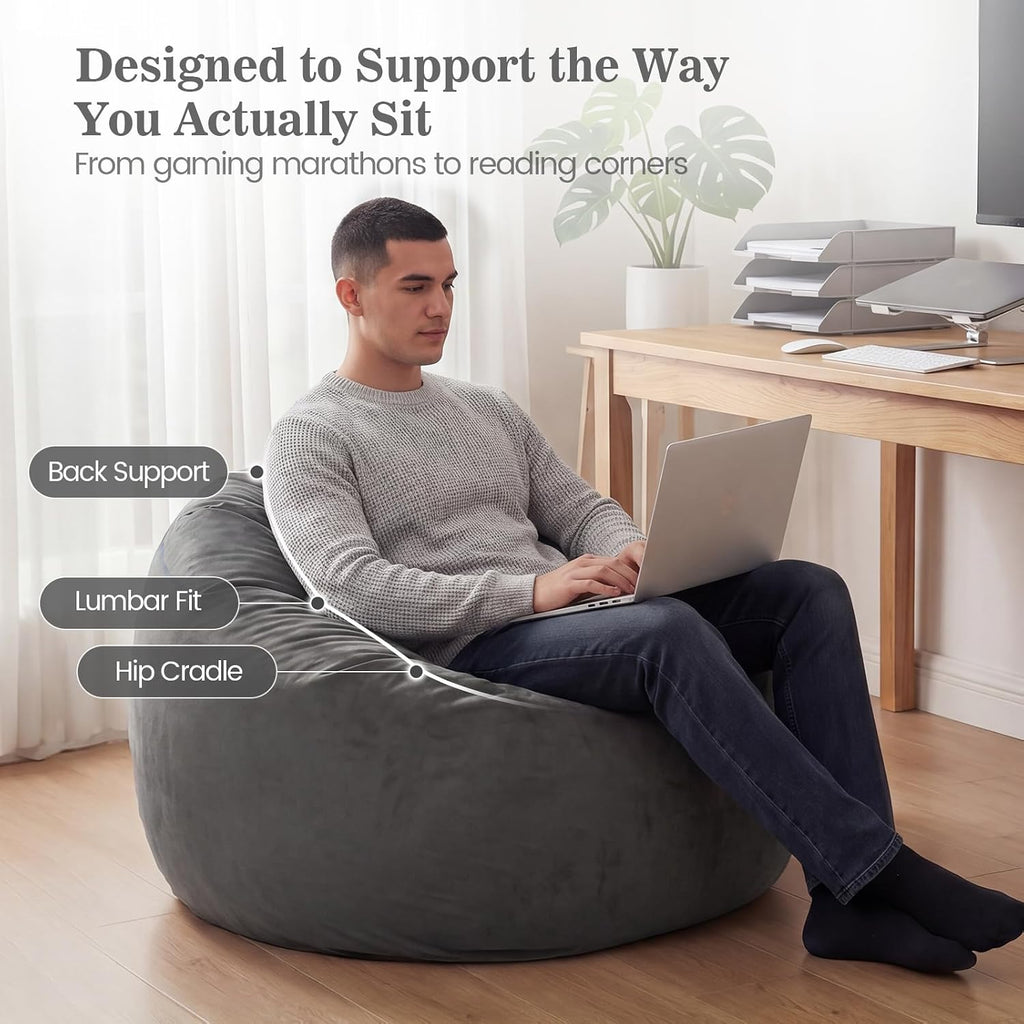 ACH Bean Bag Chair for Adults and Teens - 3ft Memory Foam Floor Chair, Perfect for Dorms, Gaming & Relaxing, Machine Washable Velvet Cover (Grey-Medium)