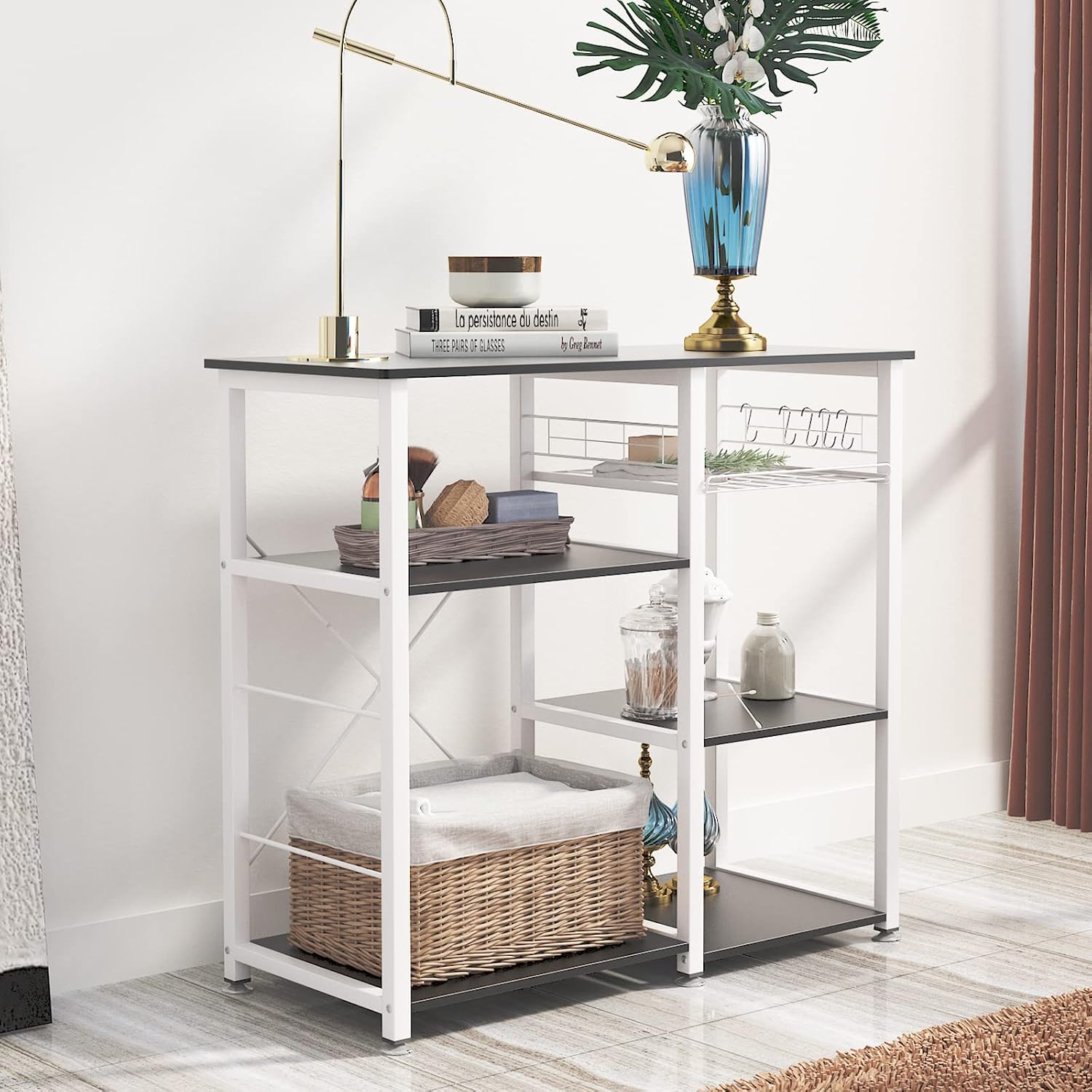 sogesfurniture 3-Tier Kitchen Baker's Rack Utility Shelf Microwave Stand with Storage and Drawer Storage Cart Workstation Shelf,Black BHUS-W5S-BK