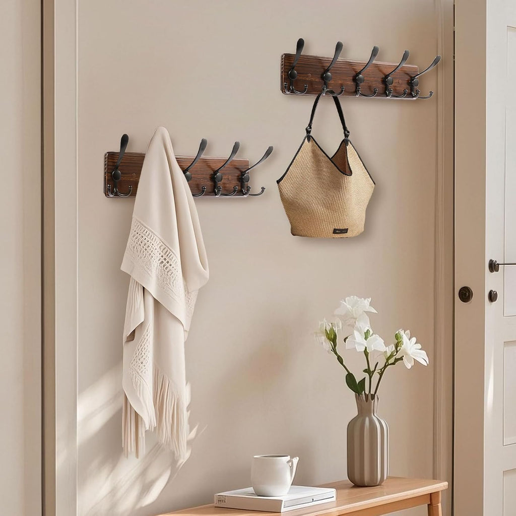 2 Pack Coat Rack Wall Mount 16.8'' Rustic Hat Rack with 5 Triple Hooks Coat Hooks Wall Mount Farmhouse Wall Hooks for Hanging Coat, Bags, Towels