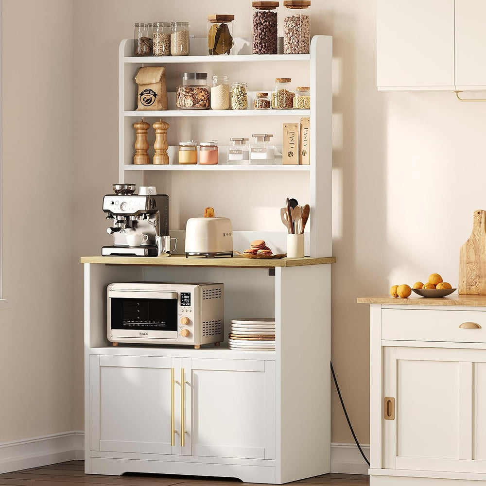 Kitchen Bakers Rack with Storage Cabinet, 5-Tier Microwave Stand with Power O...