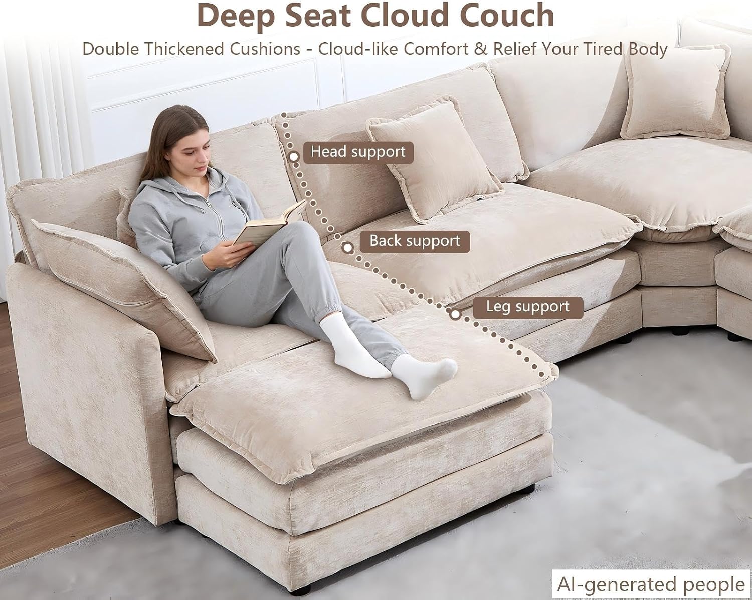 Oversized Modular Sectional Sofa, 7 Seater Deep Seat Cloud Couch Sofa | Chenille|Corner Couch|7 Pillows|2 Ottomans|Double-layer Cushion|For Spacious Living Room, Big Families| Light Camel