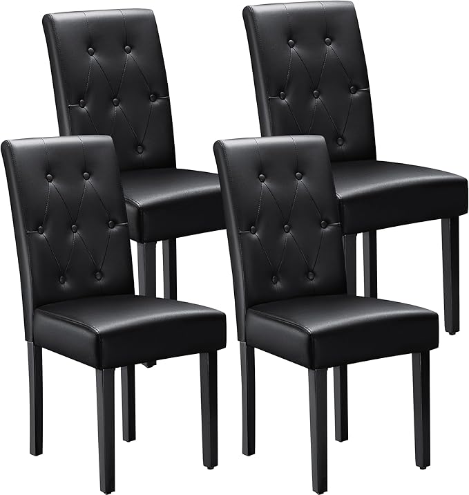 Furmax Upholstered Dining Chairs Set of 4, PU Leather Dinning Room Chairs, Button Tufted Kitchen Chairs with Adjustable Wood Legs for Dining Room/Living Room/Restaurant (Leather Black, 4)