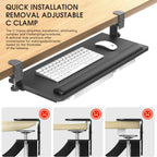 Keyboard Tray Under Desk with a Soft Wrist Rest，Under Desk Keyboard Tray Slide Out with 2 Storage Drawers，C Clamp-on Mount Ergonomic Keyboard Tray for Home and Office，26.5"x11.6"