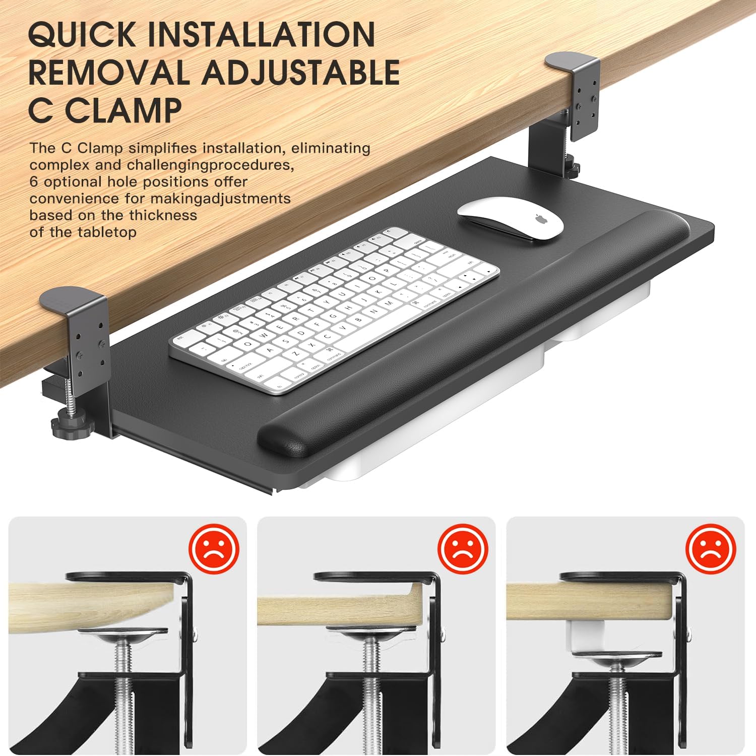 Keyboard Tray Under Desk with a Soft Wrist Rest，Under Desk Keyboard Tray Slide Out with 2 Storage Drawers，C Clamp-on Mount Ergonomic Keyboard Tray for Home and Office，26.5"x11.6"
