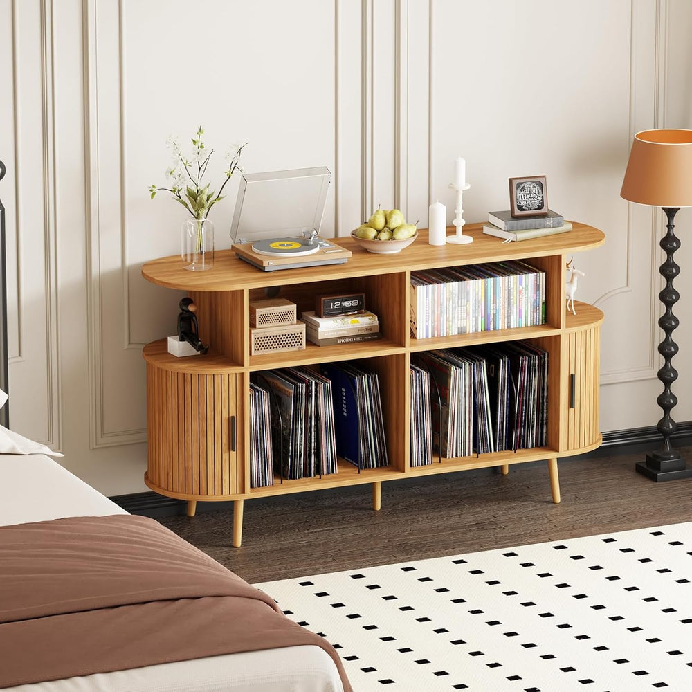 55.1" Large Record Player Stand with Charging Station,Natural