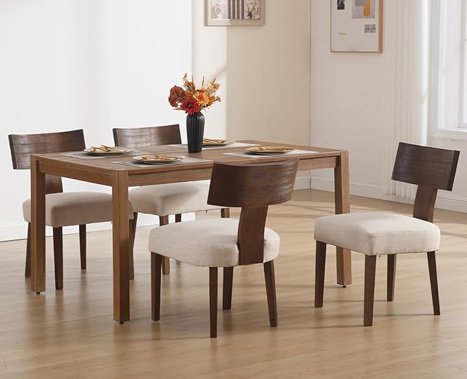 chairus Dining Chairs Set of 6, Upholstered Farmhouse Kitchen Chairs with Dark Brown T-Shape Wood Back Armless Dining Room Chairs with Soft Wide Seat, Linen Beige