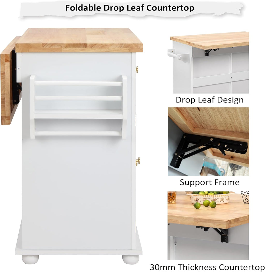 Finnhomy Rolling Kitchen Island With Drop Leaf, Thicken Rubberwood Top, Spice Rack, Towel Rack, Drawer, 43.3" Portable Mobile Kitchen Island Carts Table, Storage Cabinet, Both Wheels and Feet Included
