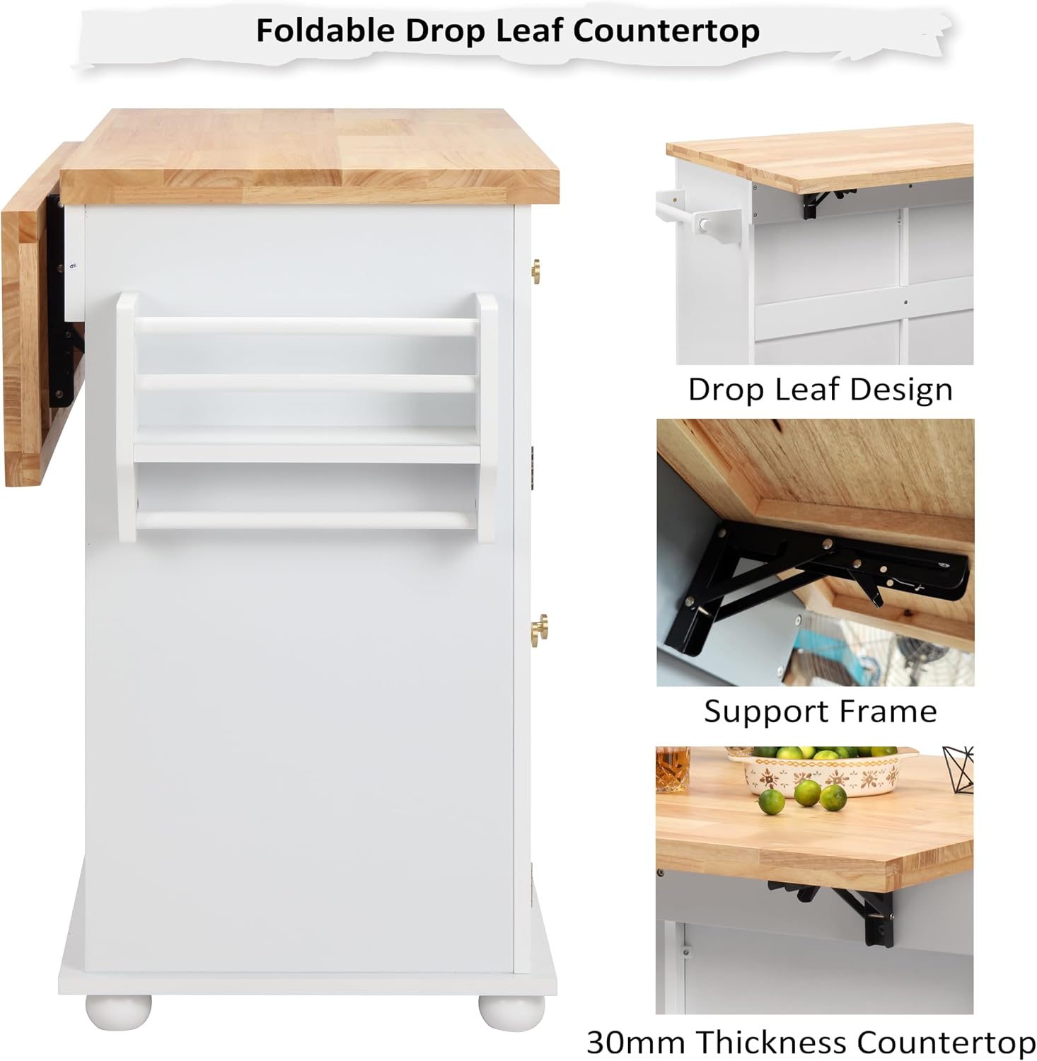 Finnhomy Rolling Kitchen Island With Drop Leaf, Thicken Rubberwood Top, Spice Rack, Towel Rack, Drawer, 43.3" Portable Mobile Kitchen Island Carts Table, Storage Cabinet, Both Wheels and Feet Included