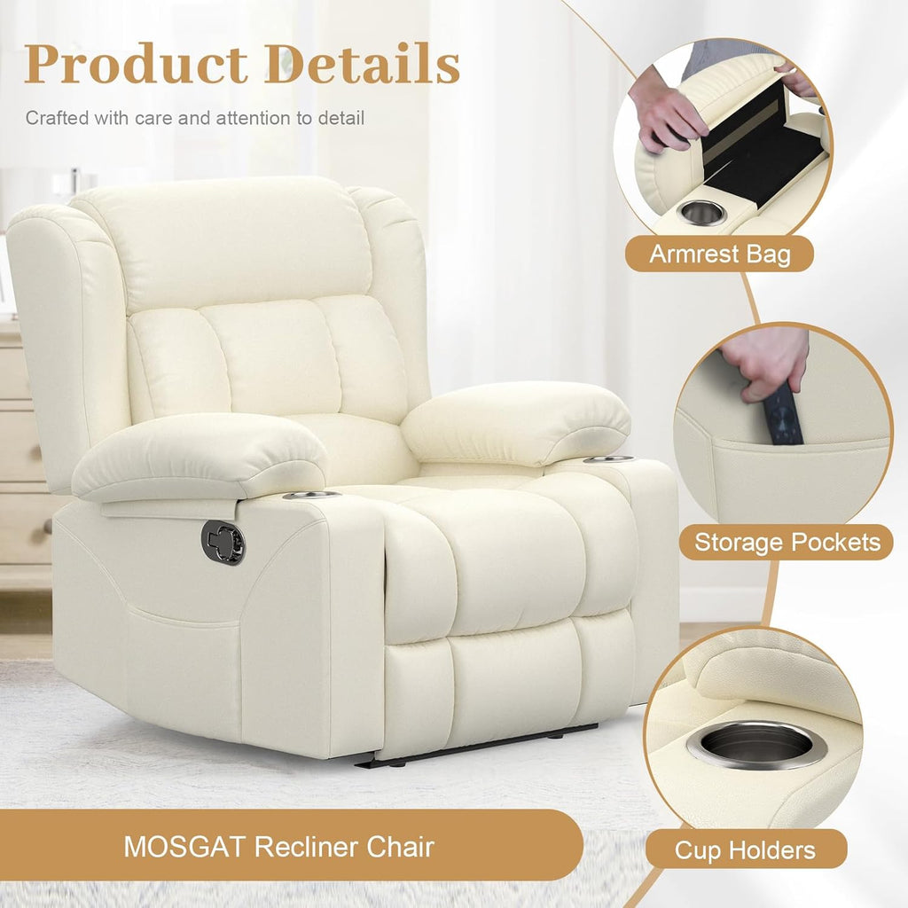RV Recliner Chair, Oversized Reclining Loveseat Home Theater Seating with Cup Holders, Insert Pockets, Wall Hugger RV Recliners for Movie Room, Recline Movie Seats Gaming Sofa, White