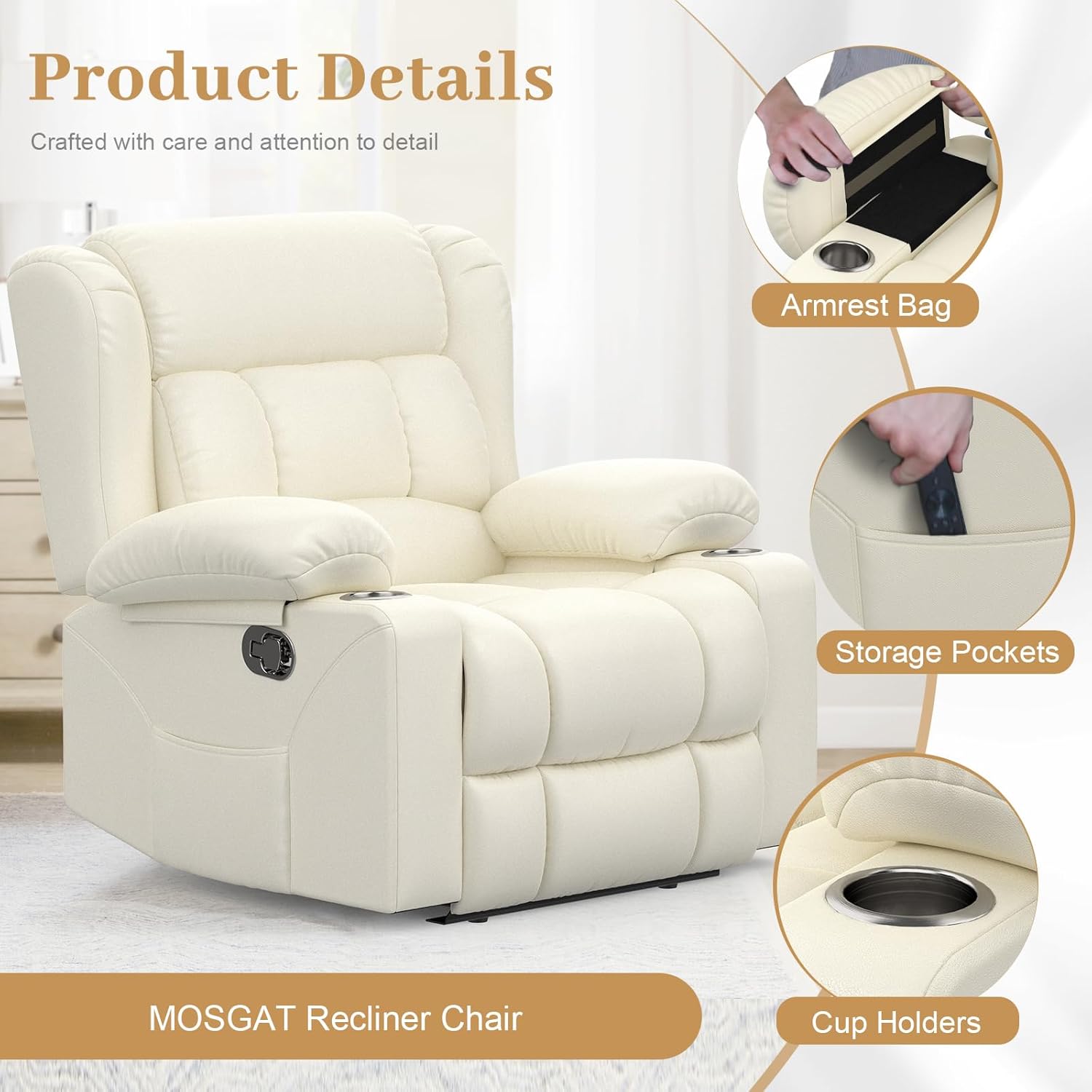RV Recliner Chair, Oversized Reclining Loveseat Home Theater Seating with Cup Holders, Insert Pockets, Wall Hugger RV Recliners for Movie Room, Recline Movie Seats Gaming Sofa, White