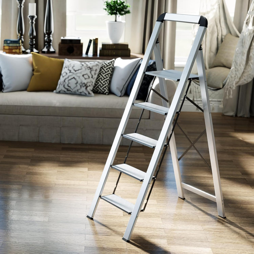 KINGRACK Aluminium 5 Step Ladder, Lightweight Step Stool with Non-Skid Pedals...
