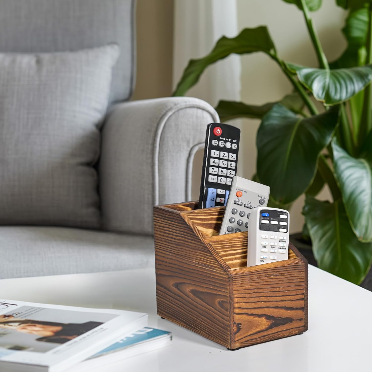 Wooden Remote Control Holder Organizer, 3 Compartment Storage Slots, TV Remote Holder for Table, TV Remote Media Remote Storage Box for Living Room (Brown)