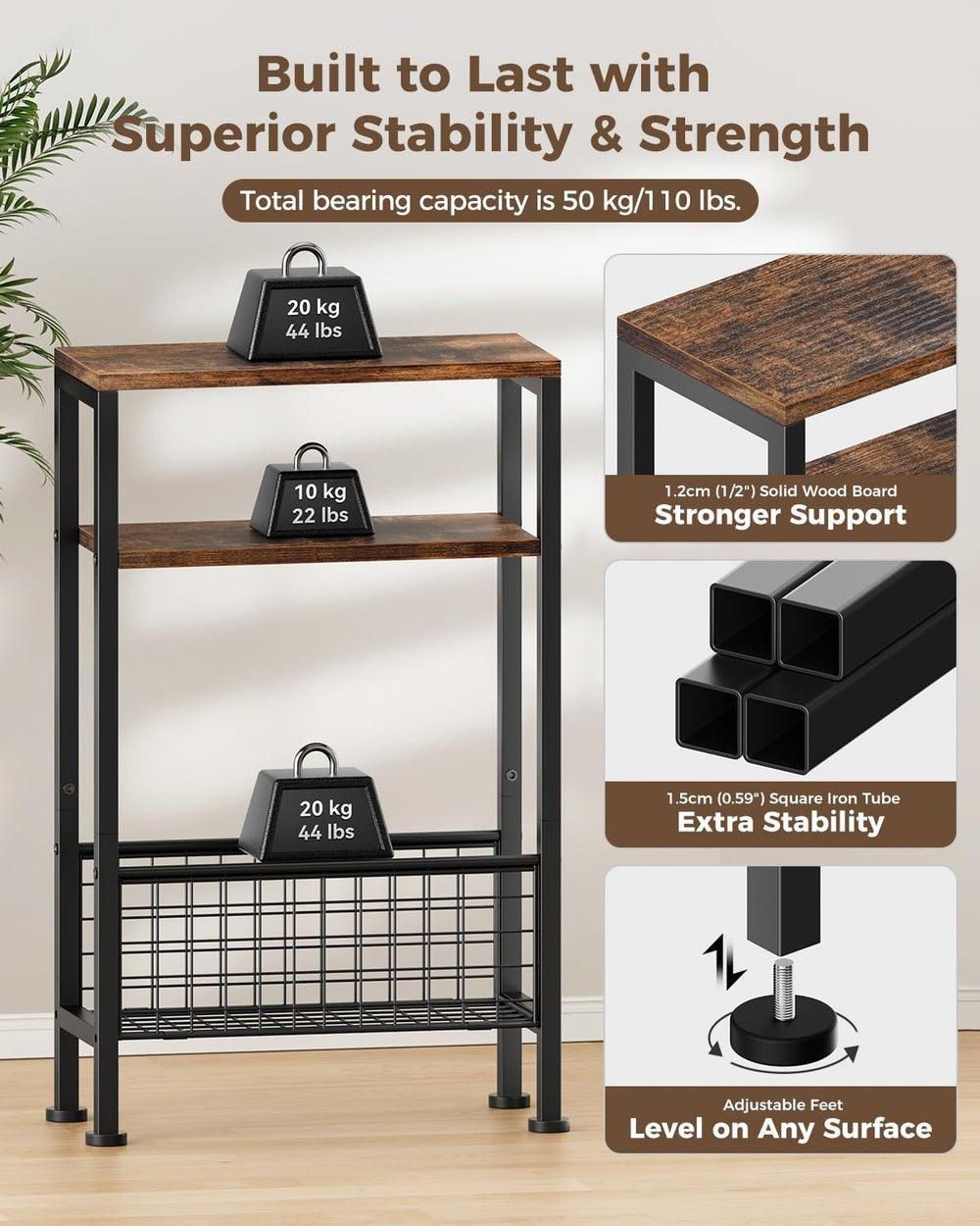 Karii Narrow Side Table, Skinny End Table for Small Spaces with Storage, 3-Ti...