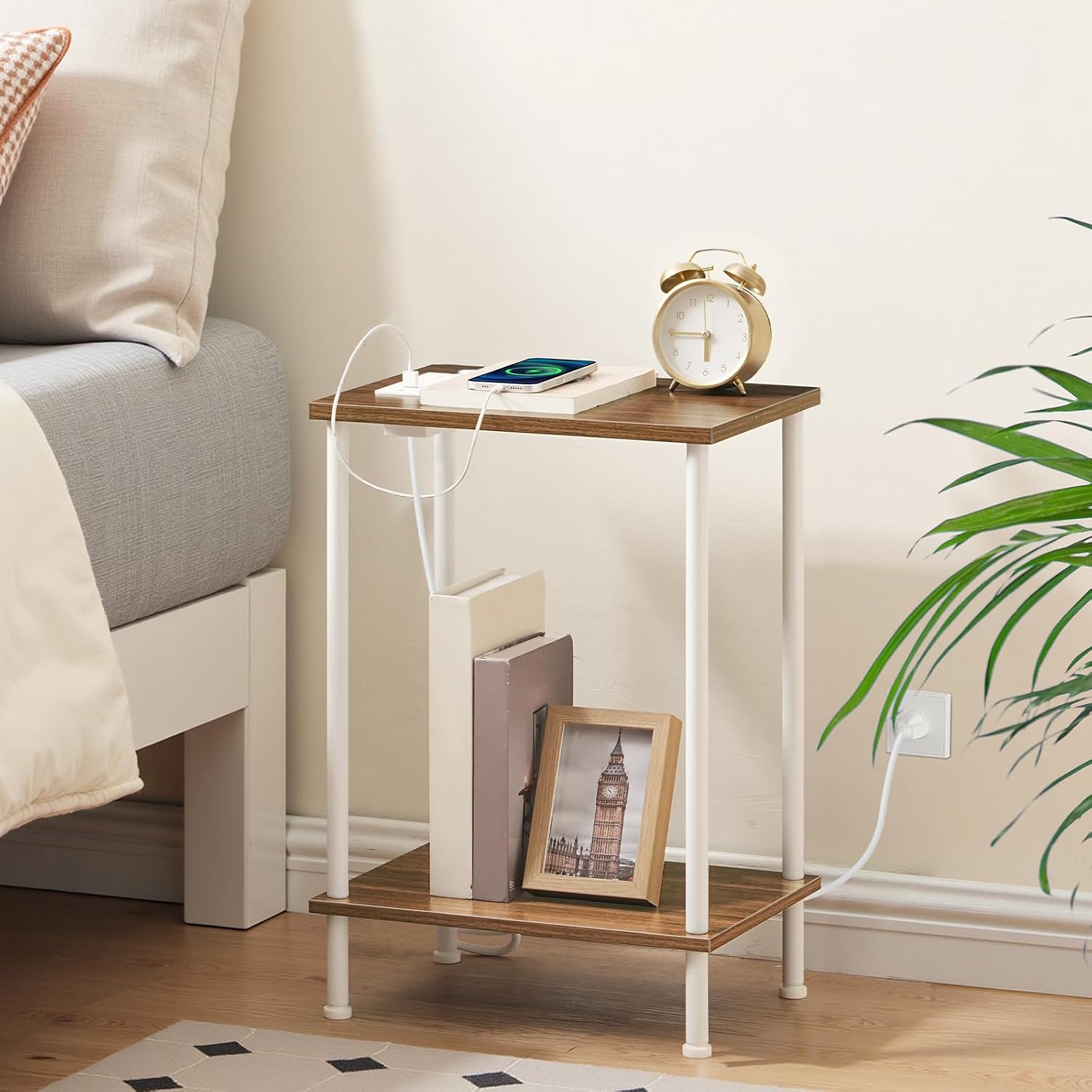 HOOBRO Side Table with Charging Station, End Table with USB Port and Outlets, Nightstand with 2-Layer Storage Shelves for Small Spaces, Living Room, Bedroom, Walnut and White WH09UBZ01