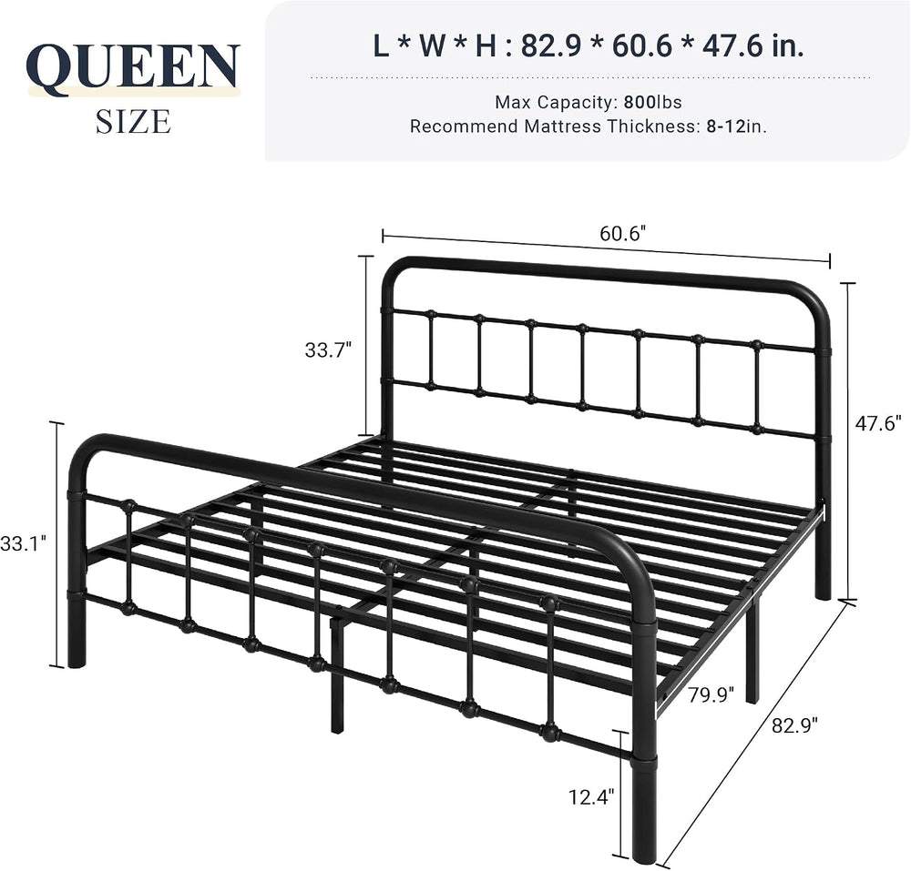 Allewie Queen Metal Bed Frame with Victorian Iron-Art Headboard, Black