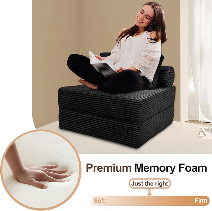 Sofa Bed Futon, Versatile Foldable Sleeper Chair with Pillow, Supportive Memory Foam, Plush Corduroy Fabric, Cozy Floor Couch, Convertible Mattress for Bedroom/Living Room/Guest/Office, Black
