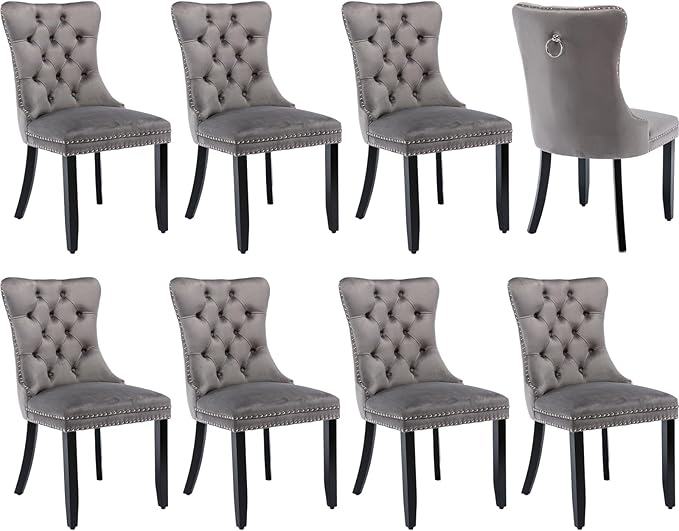 Modern Dining Chairs Set of 8, Tufted Upholstered Dining Chair with Solid Wood Legs, Grey Velvet Accent Chair, Sillas de Comedor, Kitchen & Dining Room Chairs (Gray, Velvet, 8Pcs)