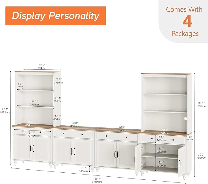 WAMPAT Entertainment Center with Bookshelves for TVs up to 75", Farmhouse Wall Unit TV Stand with 8 Doors & 4 Drawer, Media Console Table for Living Room, Bedroom & Home Theater, Off White