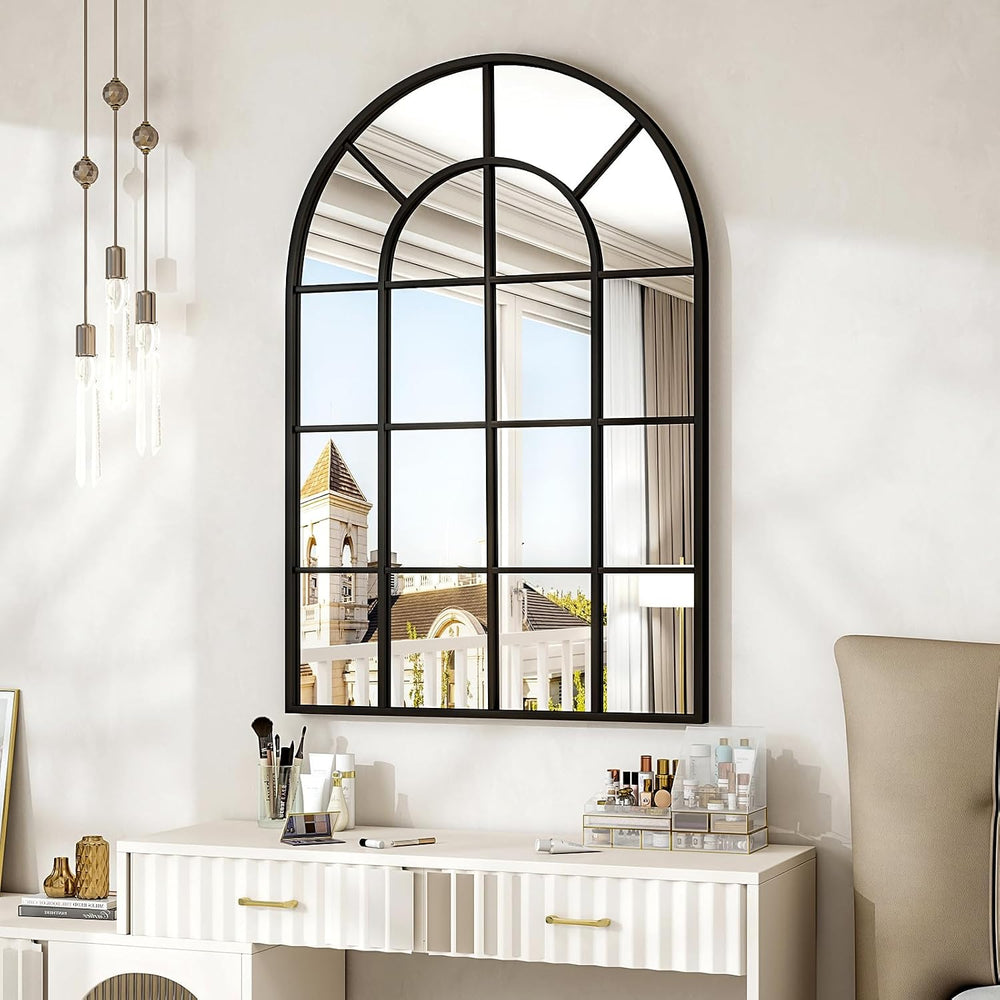 30"x 40" Windowpane Arched Wall Mirror with Metal Frame, Black