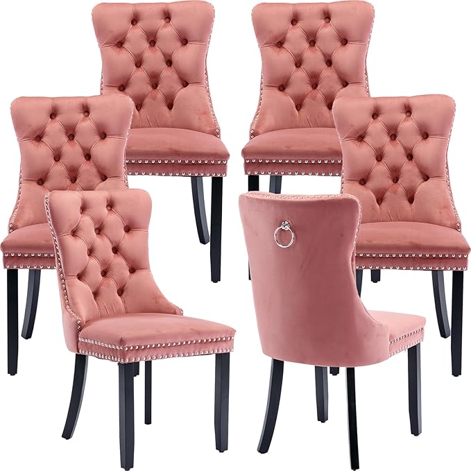 Modern Dining Chairs Set of 6, Tufted Upholstered Dining Chair with Solid Wood Legs, Pink Velvet Accent Chair, Sillas de Comedor, 6 Dining Chairs (Pink, Velvet, 6Pcs)