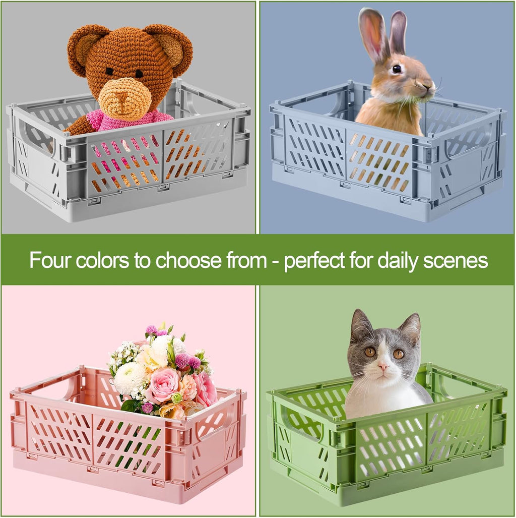 4-Pack Small Pastel Plastic Storage Baskets, Collapsible Crates for Organizing, Space-Saving Mini Bins for Classroom, Kitchen, Office, Bedroom (9.8" x 6.5" x 3.8")