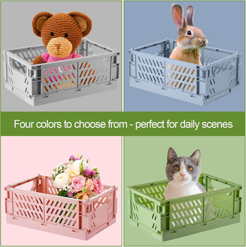 4-Pack Small Pastel Plastic Storage Baskets, Collapsible Crates for Organizing, Space-Saving Mini Bins for Classroom, Kitchen, Office, Bedroom (9.8" x 6.5" x 3.8")